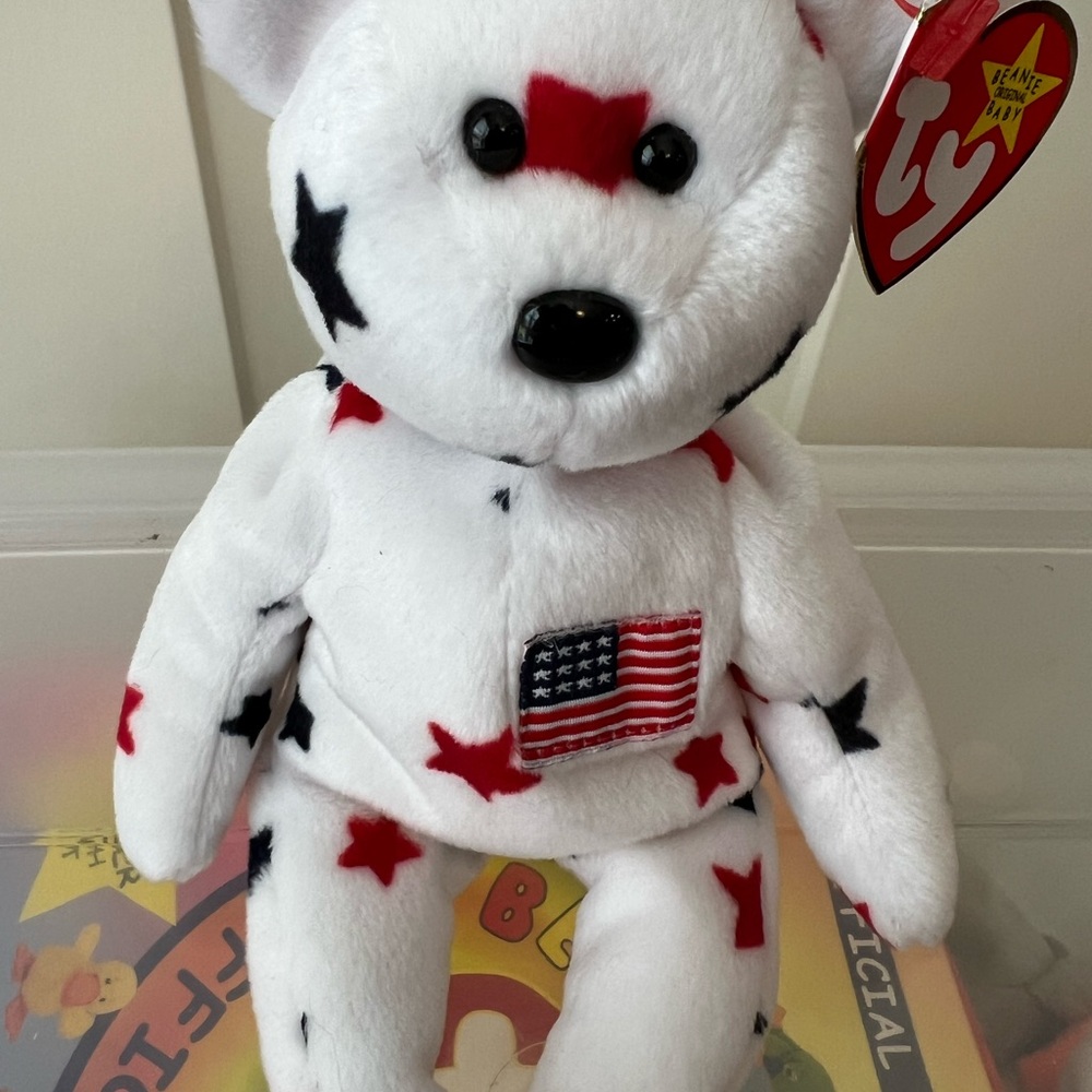 Ty Beanie Baby Bear “GLORY” with Red and Blue Stars and USA flag